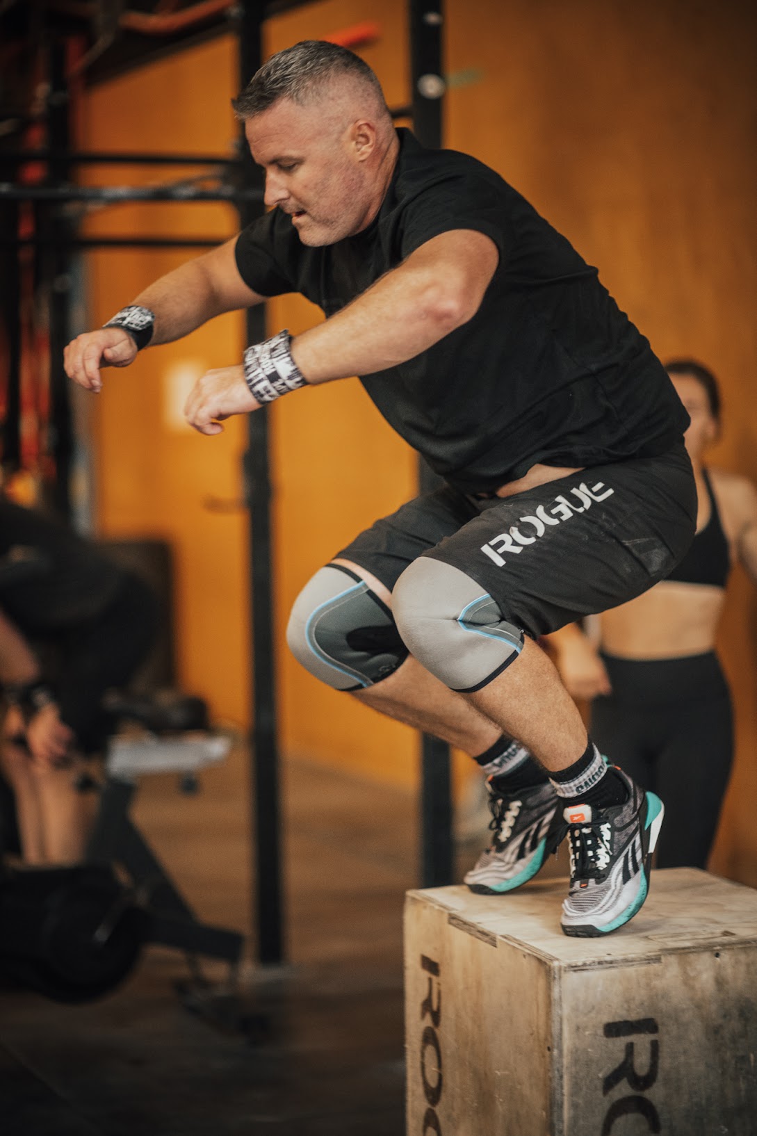 Team WOD AMRAP 20 mins Row, Dumbbell Devil Press and Box Jump Overs